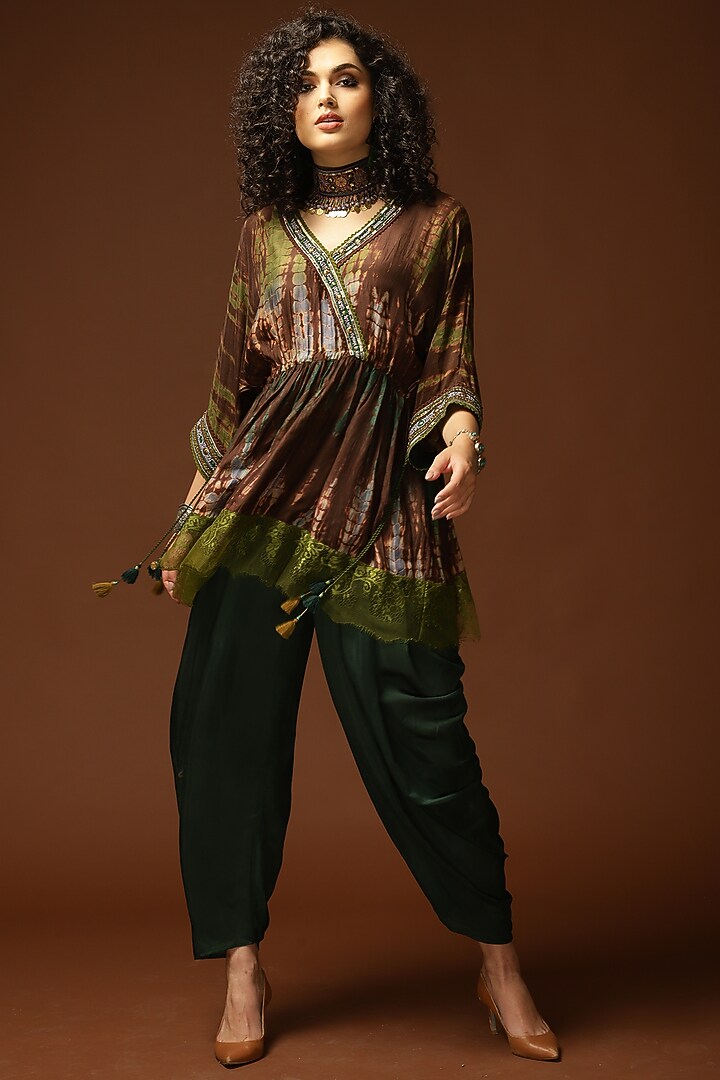 Coffee Brown & Bottle Green Habutai Silk Dhoti Set by Capisvirleo at Pernia's Pop Up Shop
