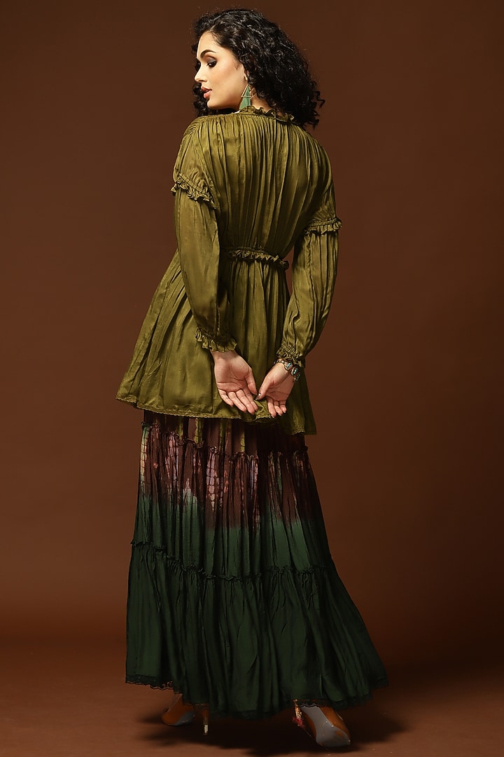 Olive Green Habutai Silk Flared Top by Capisvirleo at Pernia's Pop Up Shop