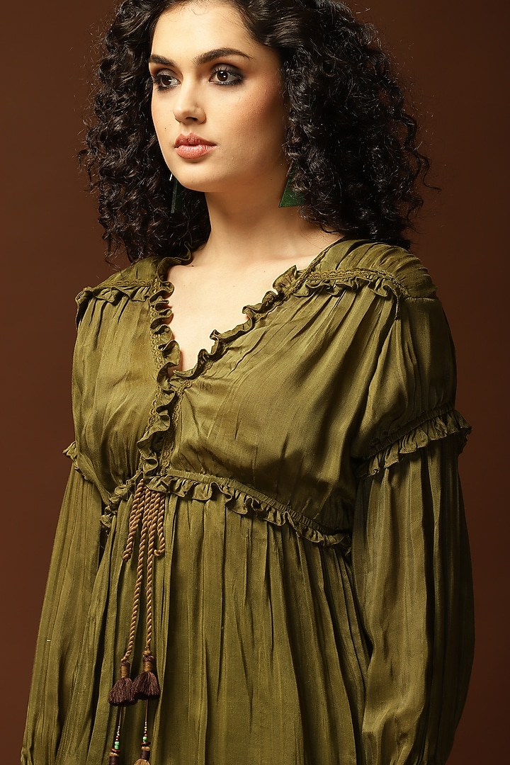 Olive Green Habutai Silk Flared Top by Capisvirleo at Pernia's Pop Up Shop