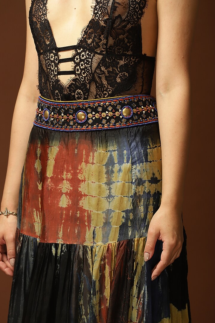 Black & Ochre Ombre Habutai Silk Tie-Dye Printed Gathered Skirt by Capisvirleo at Pernia's Pop Up Shop