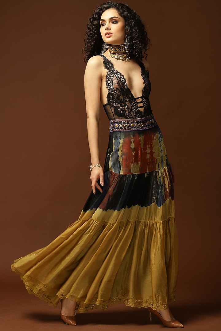 Black & Ochre Ombre Habutai Silk Tie-Dye Printed Gathered Skirt by Capisvirleo at Pernia's Pop Up Shop