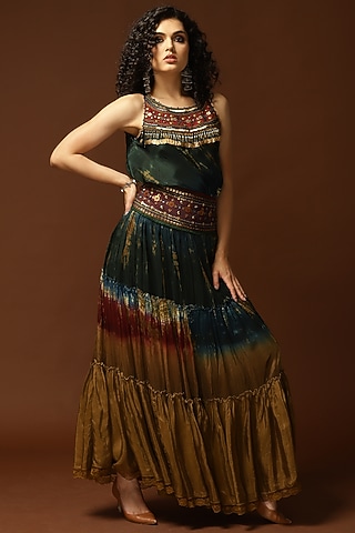 Teal & Dark Mustard Ombre Habutai Silk Tie-Dye Printed Gathered Skirt by Capisvirleo