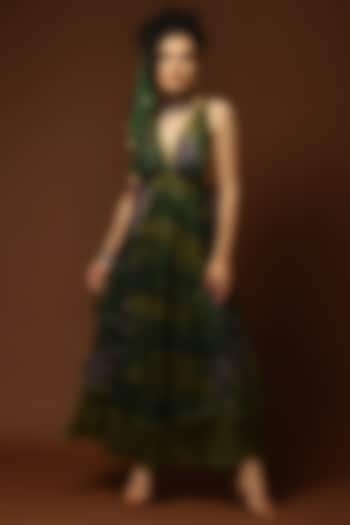 Olive Green & Dark Green Habutai Silk Flared Maxi Cocktail Dress by Capisvirleo at Pernia's Pop Up Shop