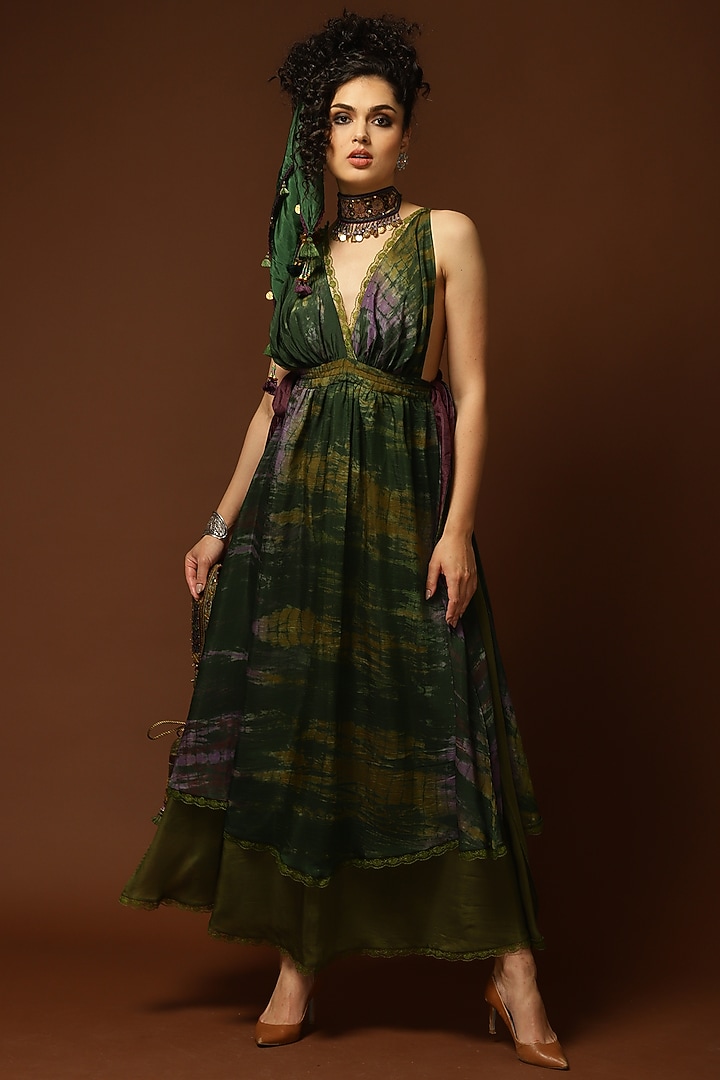 Olive Green & Dark Green Habutai Silk Flared Maxi Cocktail Dress by Capisvirleo at Pernia's Pop Up Shop