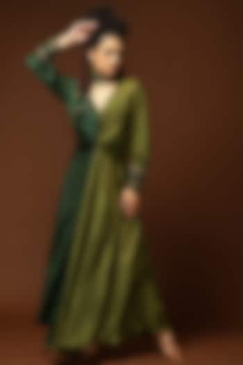 Emerald Green & Olive Green Habutai Silk Overlapped Maxi Cocktail Dress by Capisvirleo at Pernia's Pop Up Shop