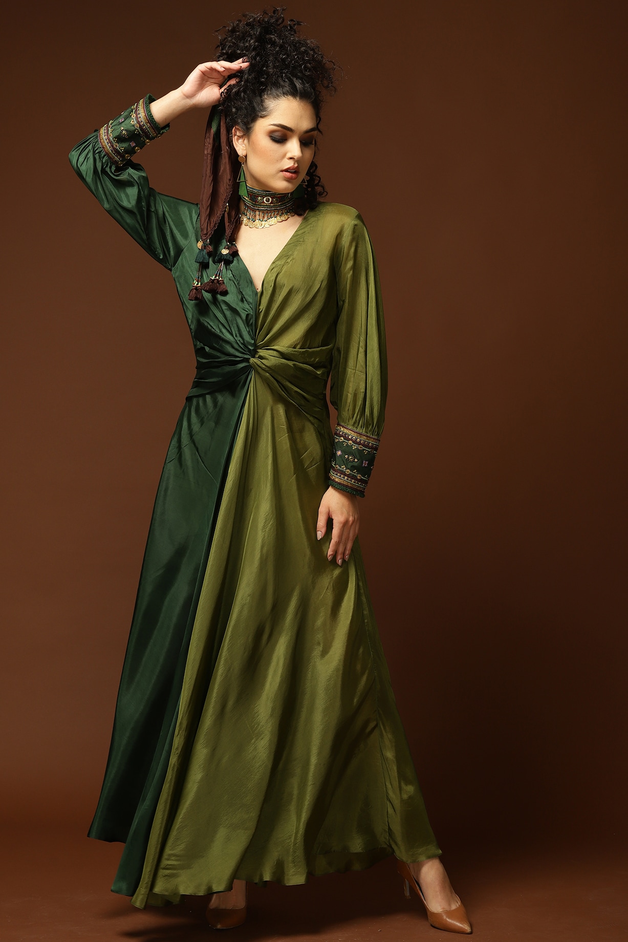 Emerald Green & Olive Green Habutai Silk Overlapped Maxi Dress by