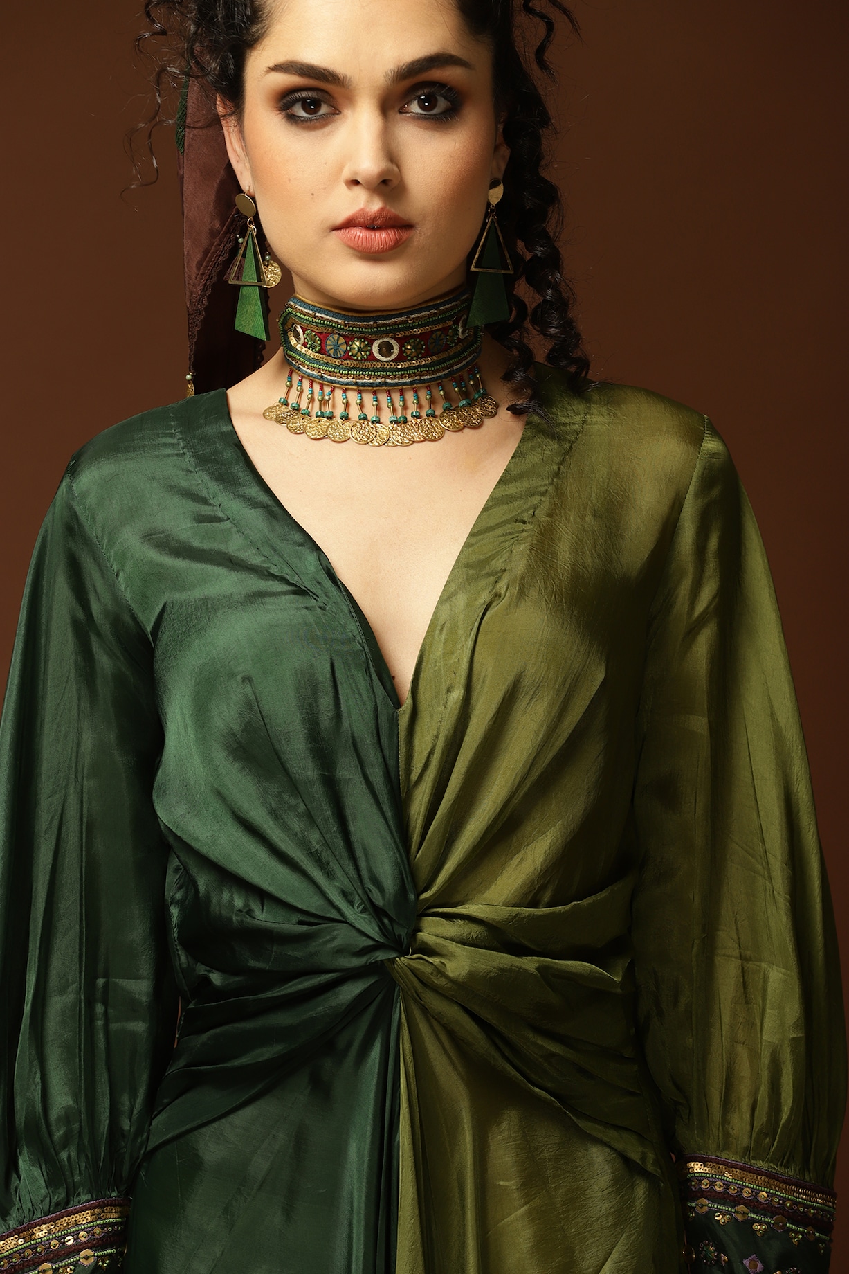 Emerald Green & Olive Green Habutai Silk Overlapped Maxi Dress by  Capisvirleo at Pernia's Pop Up Shop 2026