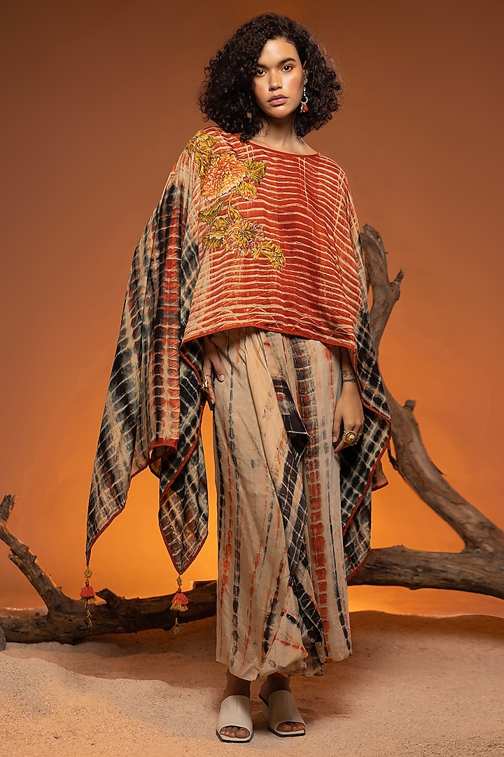 Beige & Orange Cotton Silk Tie-Dye Embroidered Cape Set by Capisvirleo at Pernia's Pop Up Shop