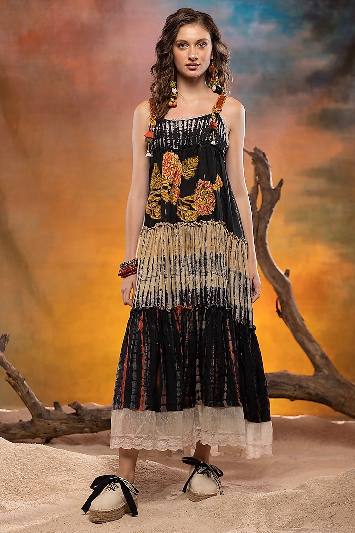 Black Cotton Silk & Jute Patchwork Embroidered Gathered Dress by Capisvirleo at Pernia's Pop Up Shop