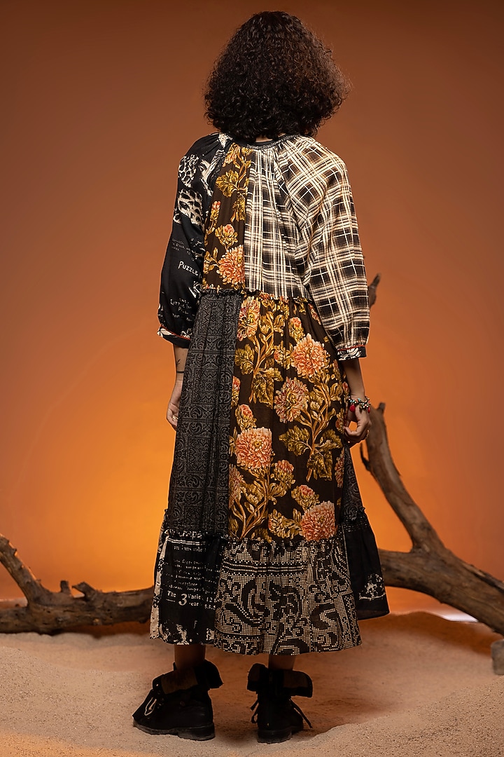 Black & Orange Cotton Patchwork Flared Gathered Midi Vacation Dress by Capisvirleo at Pernia's Pop Up Shop