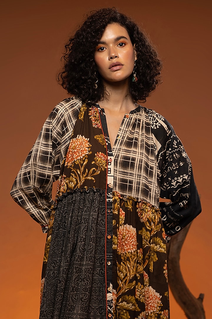 Black & Orange Cotton Patchwork Flared Gathered Midi Vacation Dress by Capisvirleo at Pernia's Pop Up Shop