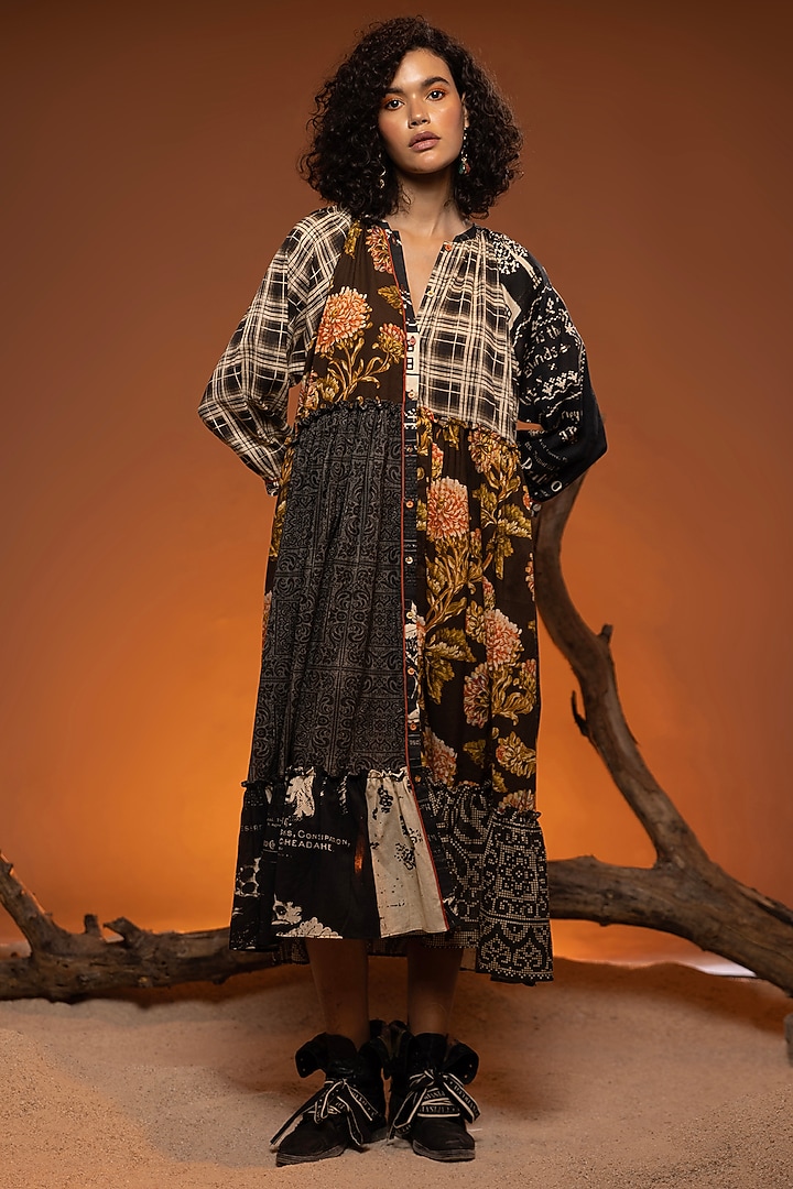 Black & Orange Cotton Patchwork Flared Gathered Midi Vacation Dress by Capisvirleo at Pernia's Pop Up Shop