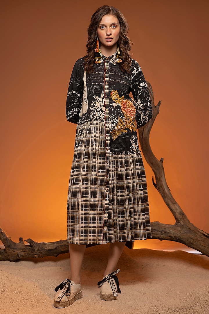 Black & Orange Cotton Floral Patchwork High-Low Midi Dress by Capisvirleo