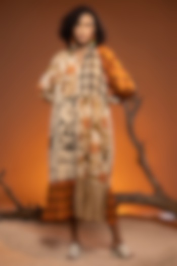 Ivory & Orange Cotton Patchwork Flare Gathered Midi Dress by Capisvirleo