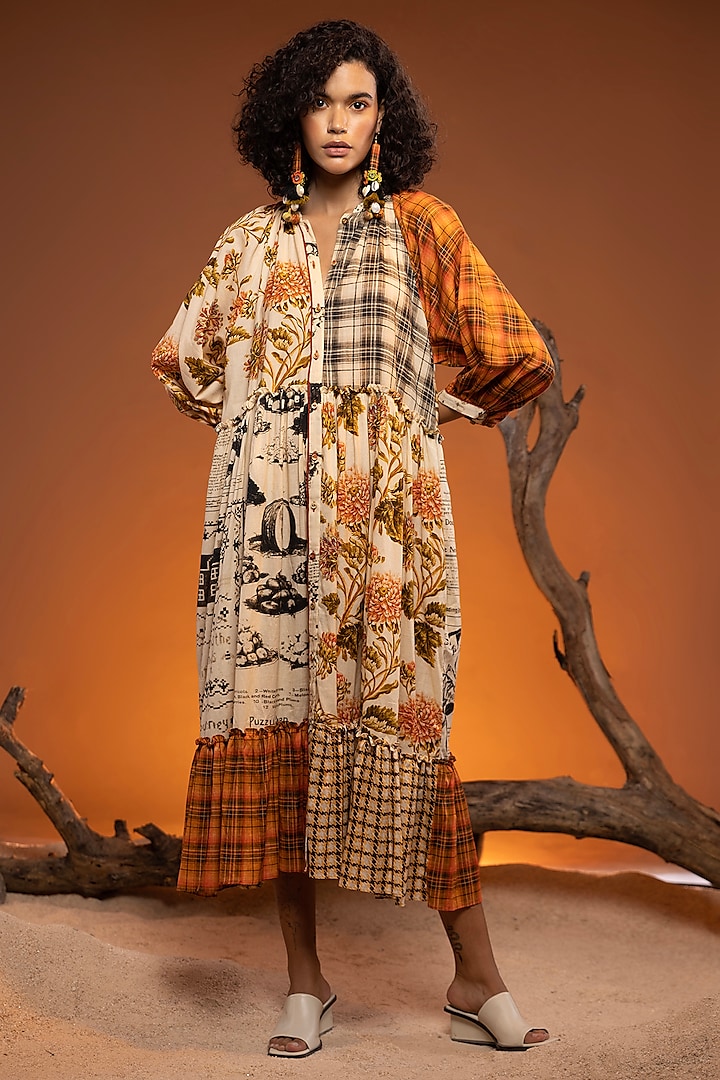 Ivory & Orange Cotton Patchwork Flare Gathered Midi Dress by Capisvirleo