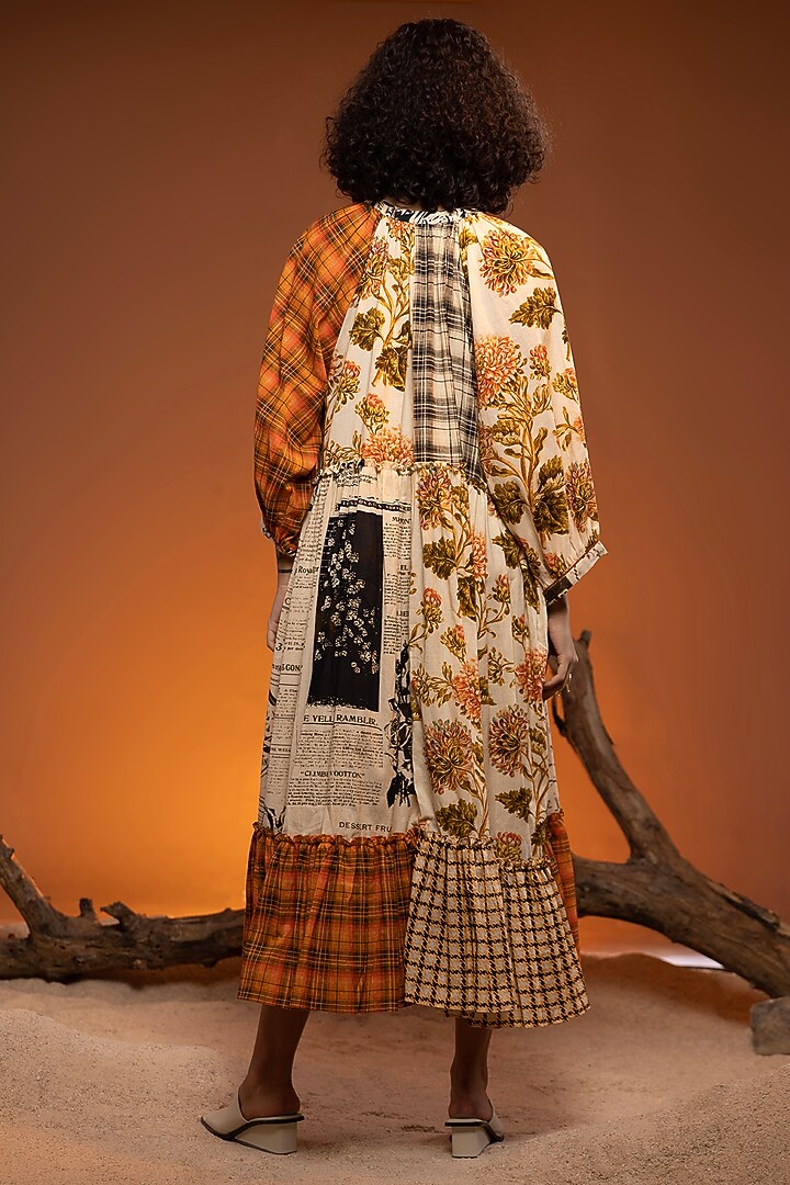 Ivory & Orange Cotton Patchwork Flare Gathered Midi Vacation Dress by Capisvirleo at Pernia's Pop Up Shop
