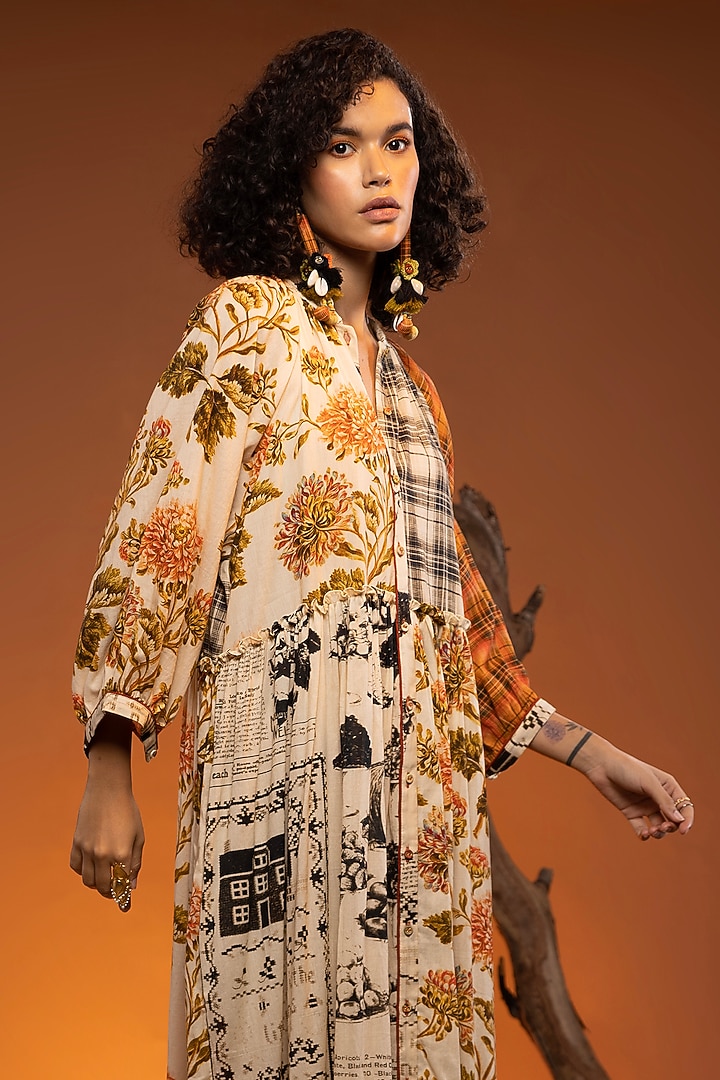 Ivory & Orange Cotton Patchwork Flare Gathered Midi Vacation Dress by Capisvirleo at Pernia's Pop Up Shop