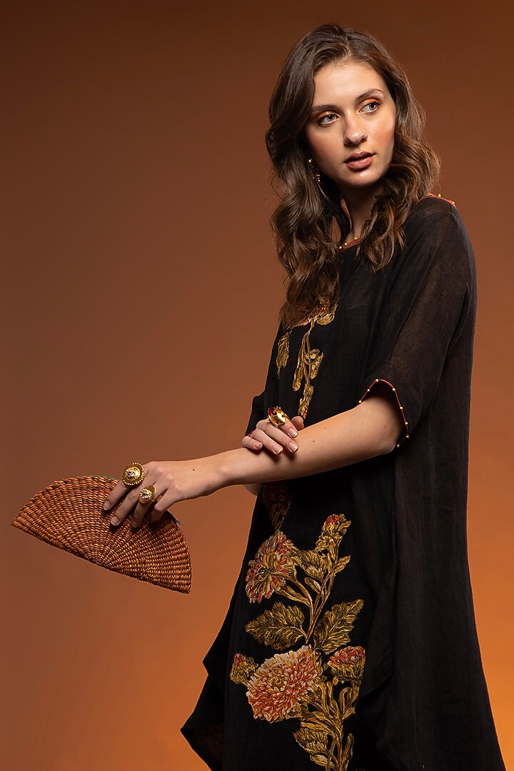 Black & Orange Linen Floral Patchwork Embroidered Boho Tunic Vacation Dress by Capisvirleo at Pernia's Pop Up Shop