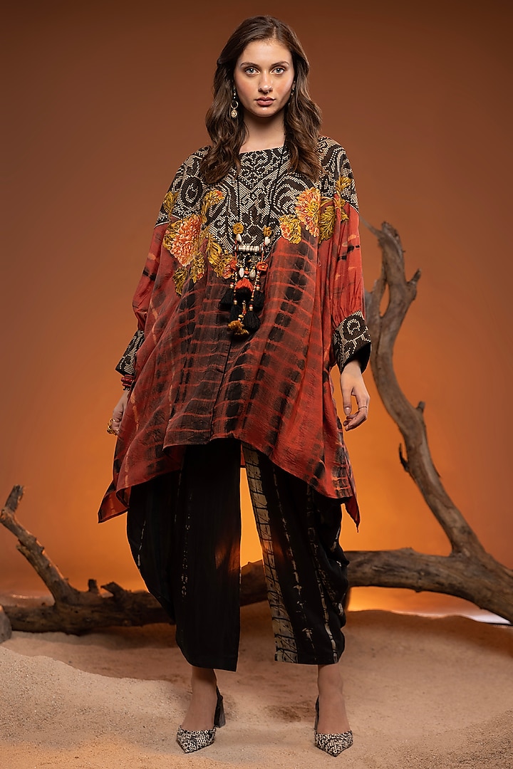 Orange Tie-Dye Cotton Silk Embroidered Boho Tunic Set by Capisvirleo at Pernia's Pop Up Shop