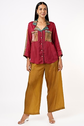 Wine Habutai Silk Shirt With Coat Collar by Capisvirleo