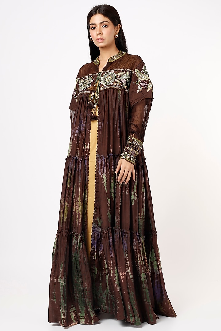 Brown Habutai Silk Embroidered Dress by Capisvirleo