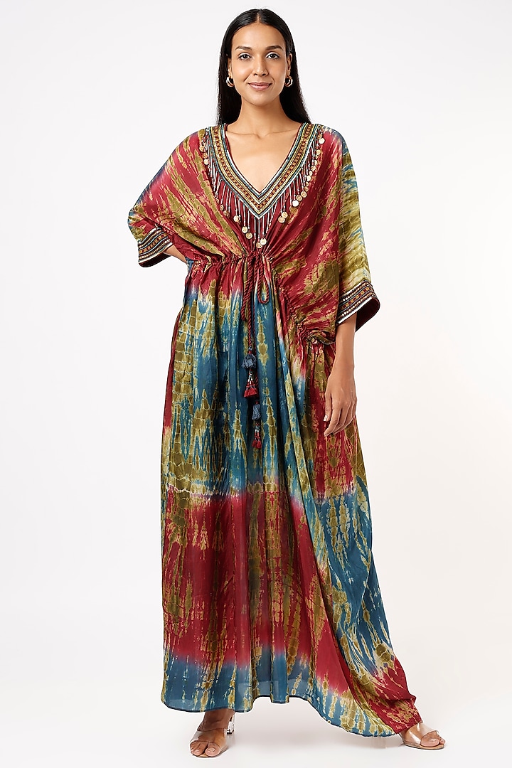 Maroon Embroidered Kaftan Dress by Capisvirleo