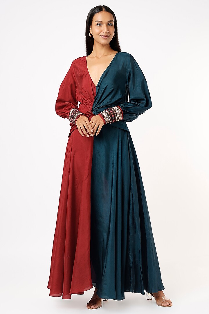 Red & Blue Habutai Silk Maxi Dress by Capisvirleo