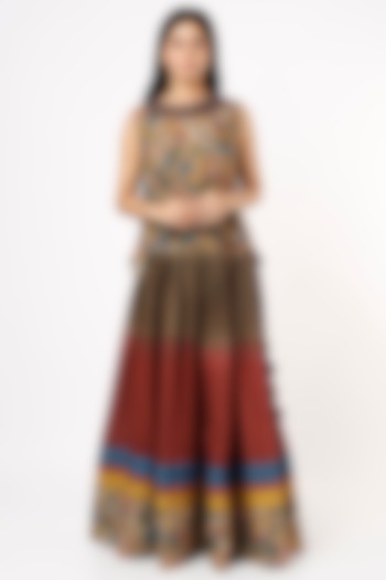 Brown & Maroon Habutai Silk Skirt Set by Capisvirleo