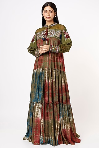 Olive Green Cotton Silk Embroidered Jacket Dress by Capisvirleo