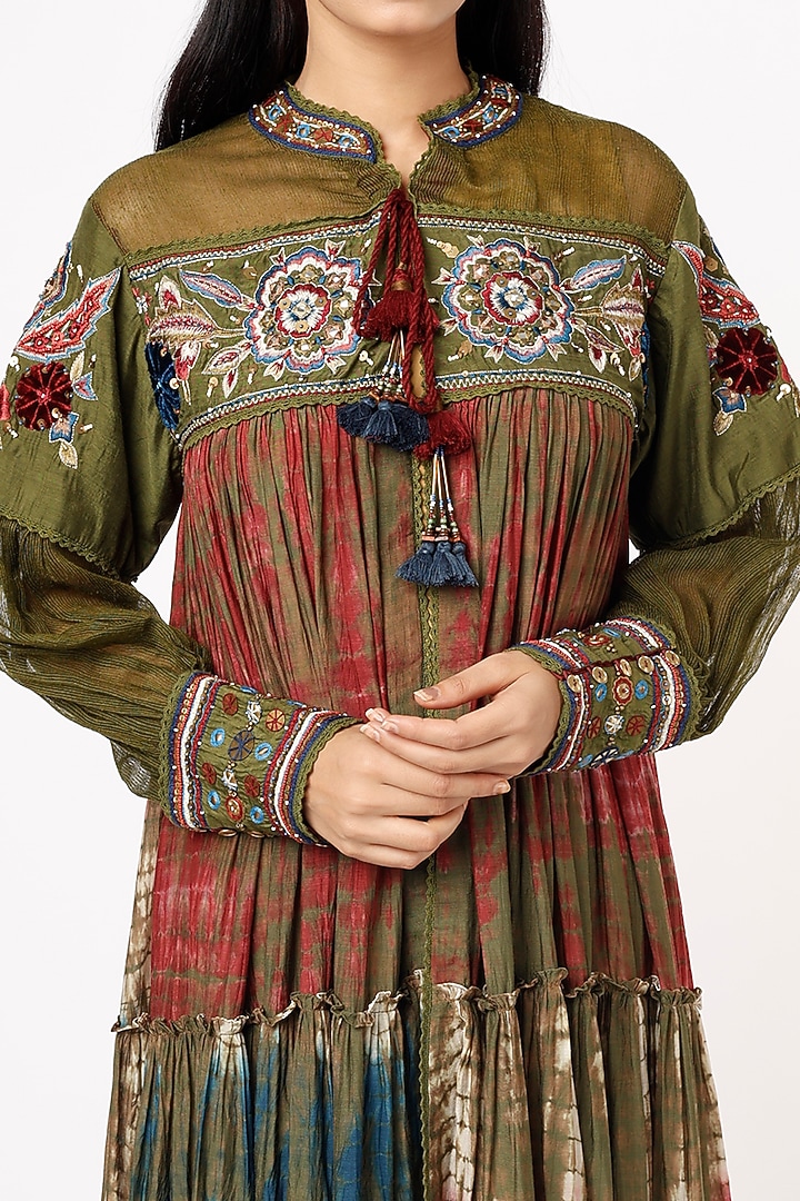 Olive Green Cotton Silk Embroidered Jacket Dress by Capisvirleo at Pernia's Pop Up Shop