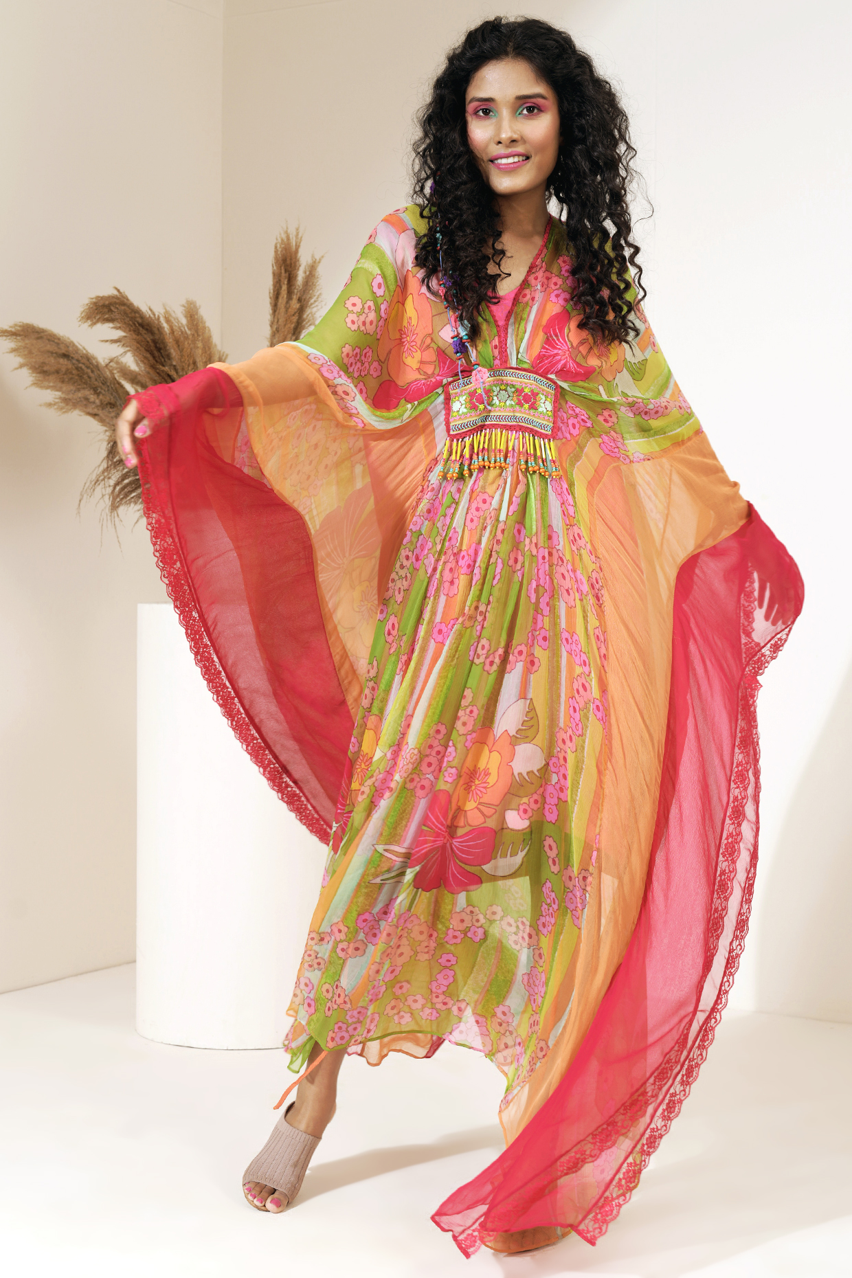 Orange & Magenta Embroidered Kaftan by Capisvirleo at Pernia's Pop Up Shop