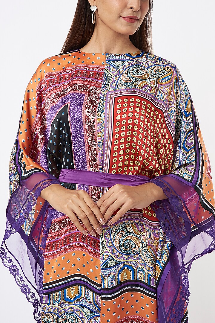 Purple Satin Silk Digital Printed Kaftan Dress by Capisvirleo at Pernia's Pop Up Shop