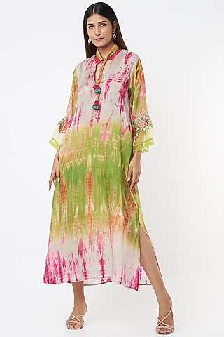Mint Habutai Silk Tie-Dye Printed & Aari Embroidered A-line Dress by Capisvirleo