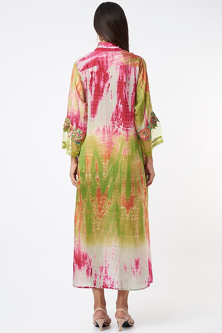 Mint Habutai Silk Tie-Dye Printed & Aari Embroidered A-line Vacation Dress by Capisvirleo at Pernia's Pop Up Shop