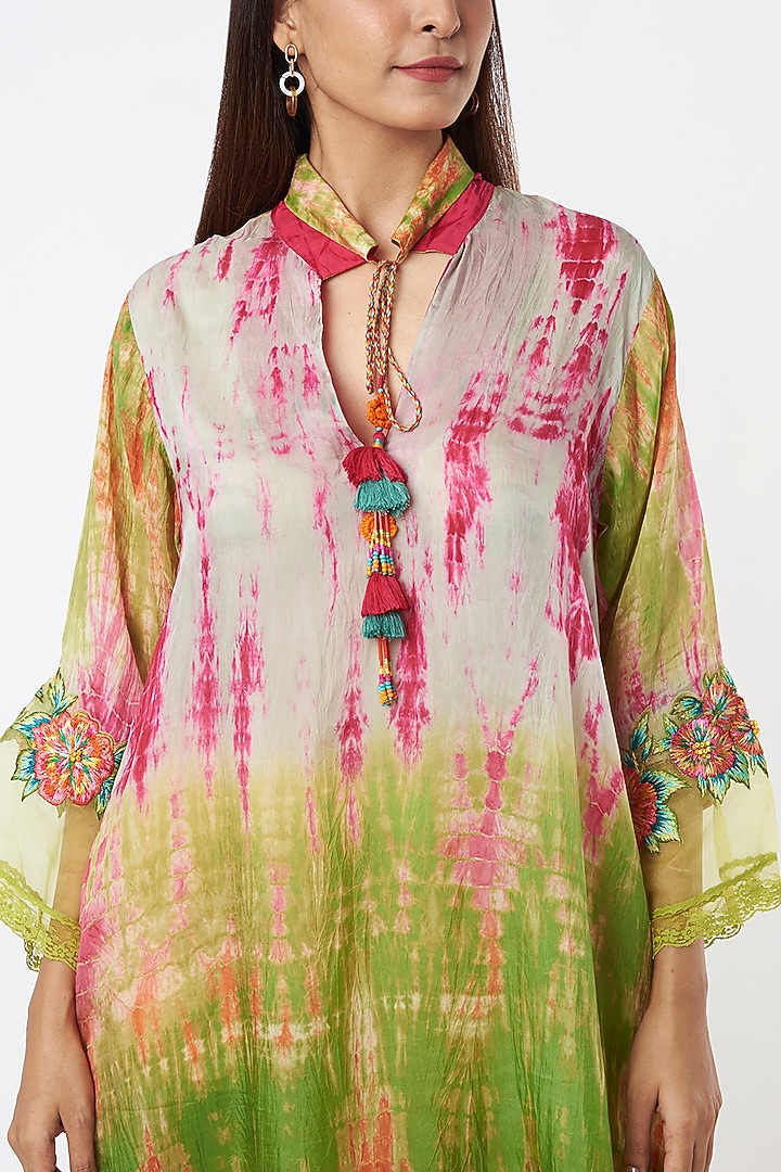 Mint Habutai Silk Tie-Dye Printed & Aari Embroidered A-line Vacation Dress by Capisvirleo at Pernia's Pop Up Shop