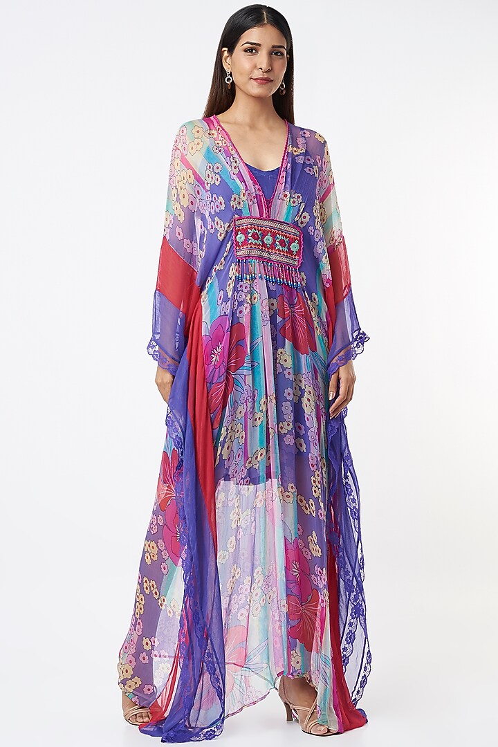 Purple Printed & Embroidered Kaftan by Capisvirleo at Pernia's Pop Up Shop