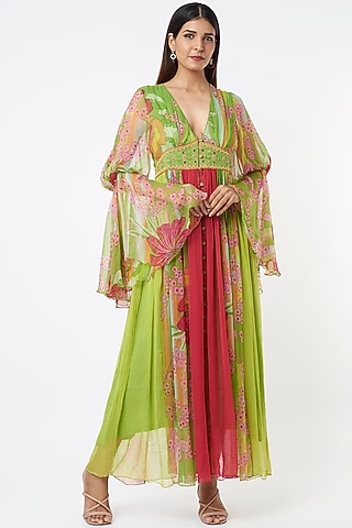 Olive Chiffon Digital Printed Flared Kaftan Dress by Capisvirleo
