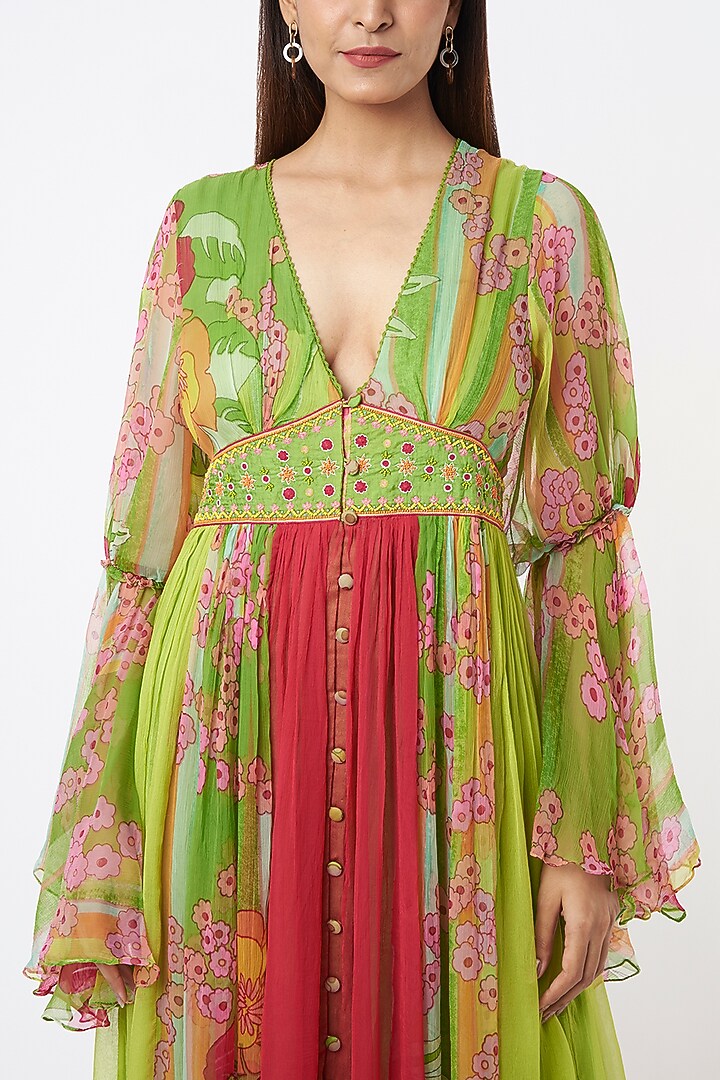 Olive Chiffon Digital Printed Flared Kaftan Cocktail Dress by Capisvirleo at Pernia's Pop Up Shop