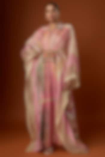 Pink Habutai Silk & Jute Embroidered Kaftan Dress by Capisvirleo