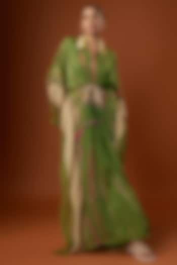 Green Habutai Silk & Jute Embroidered Kaftan Dress by Capisvirleo