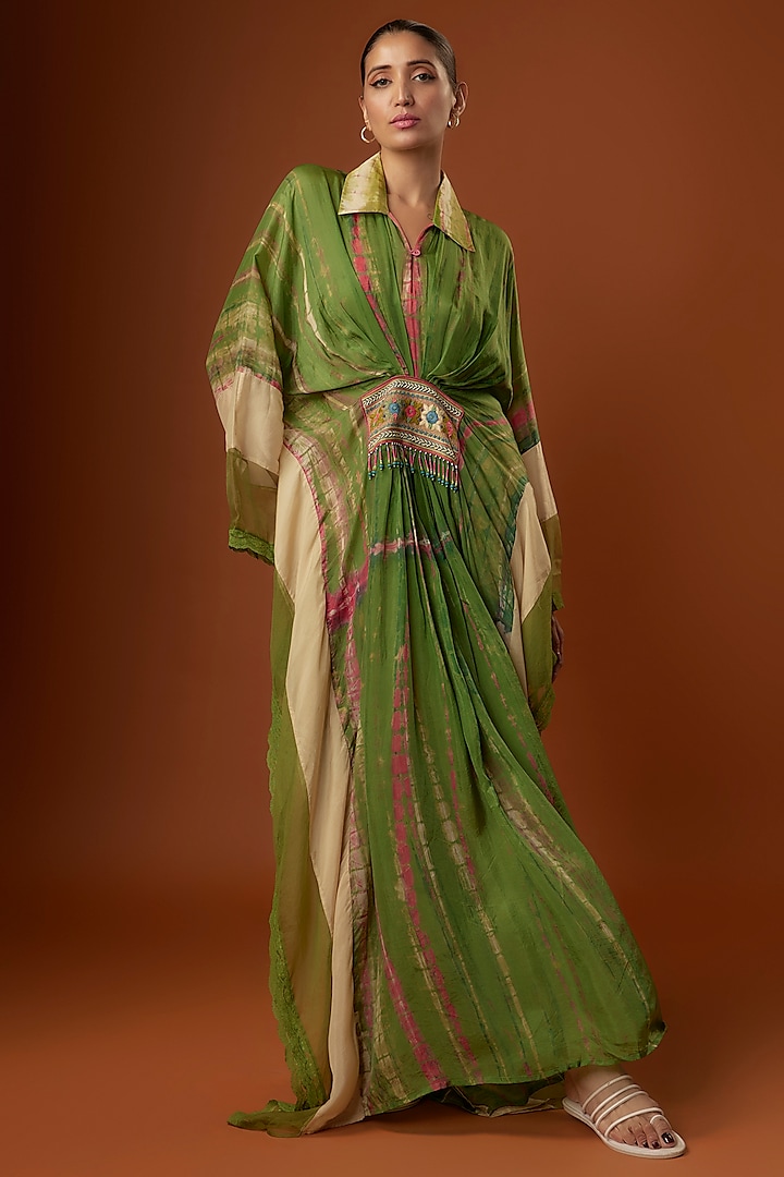 Green Habutai Silk & Jute Embroidered Kaftan Dress by Capisvirleo