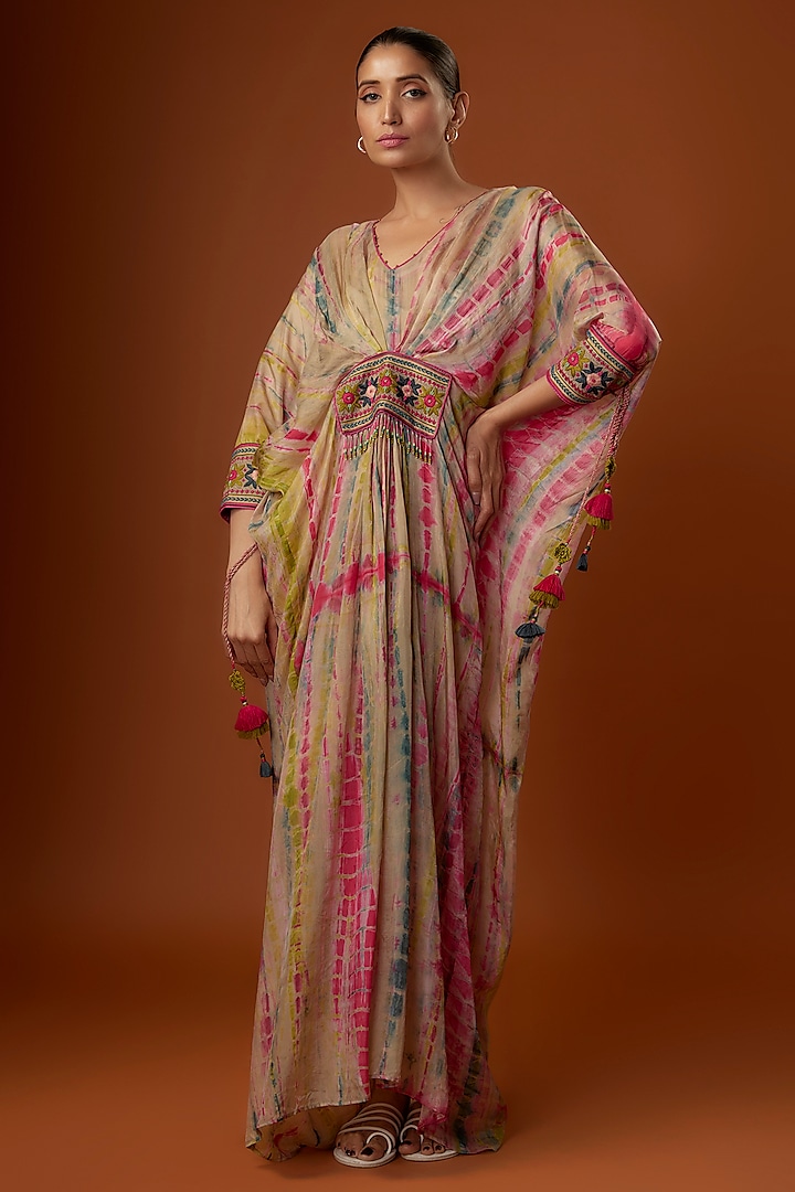 Beige Habutai Silk Embroidered Kaftan Dress by Capisvirleo