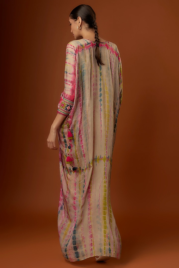 Beige Habutai Silk Embroidered Kaftan Cocktail Dress by Capisvirleo at Pernia's Pop Up Shop