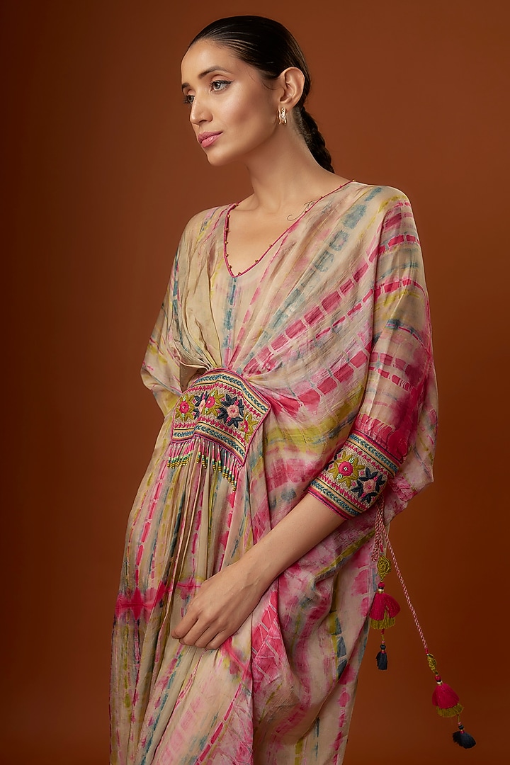 Beige Habutai Silk Embroidered Kaftan Cocktail Dress by Capisvirleo at Pernia's Pop Up Shop