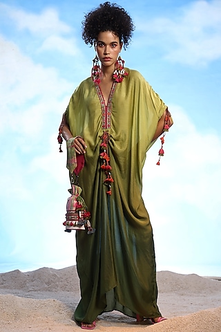 Green Ombre Cotton Silk Embroidered Kaftan by Capisvirleo