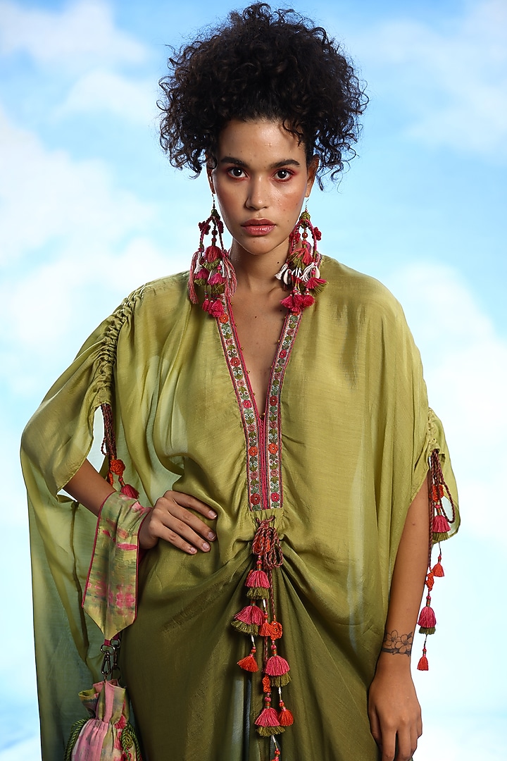 Green Ombre Cotton Silk Embroidered Kaftan by Capisvirleo at Pernia's Pop Up Shop