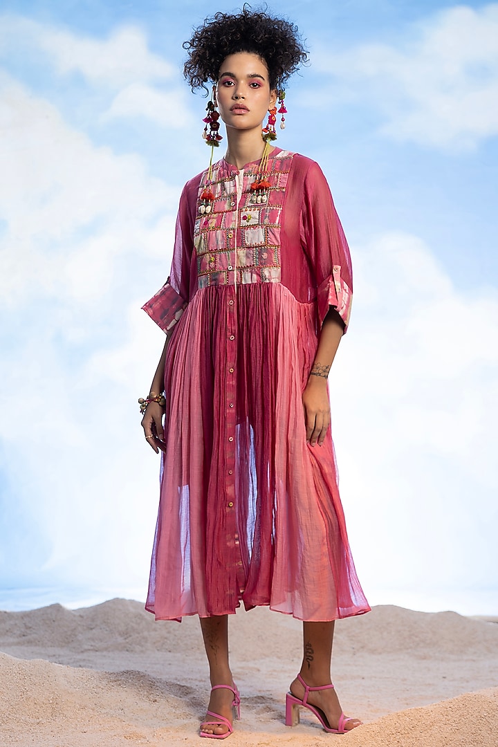 Pink Chanderi Silk Embroidered Gathered Dress by Capisvirleo