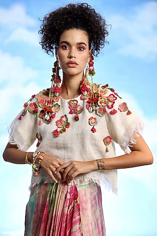 Ivory Linen Embroidered Crop Top by Capisvirleo