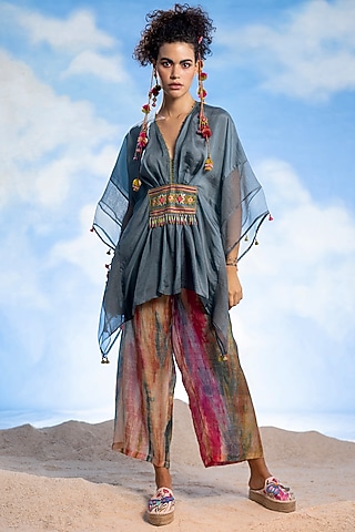Teal Silk & Organza Embroidered Co-Ord Set by Capisvirleo