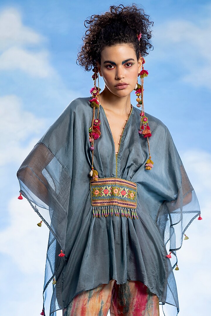 Teal Silk & Organza Embroidered Co-Ord Set by Capisvirleo at Pernia's Pop Up Shop